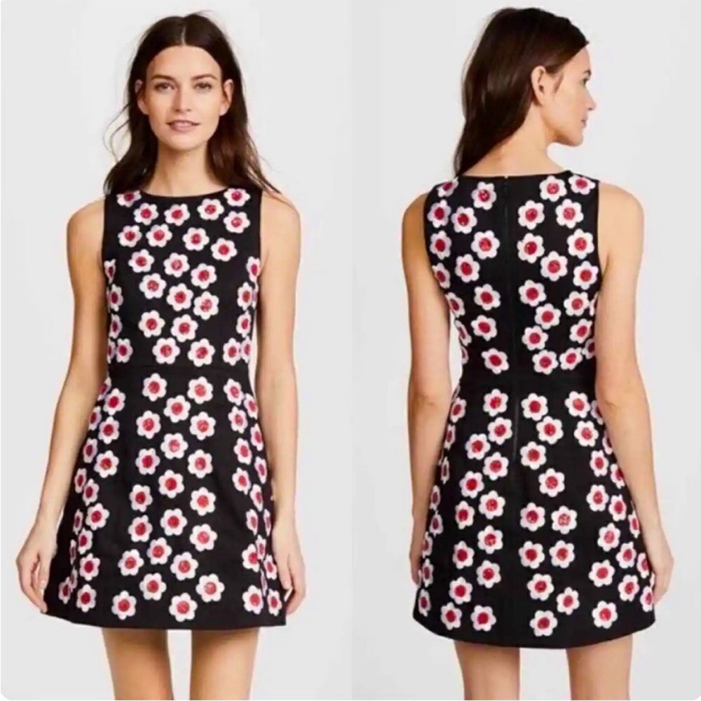 Alice + Olivia Lindsay Floral Sequins Embroidered Dress Black Red White - Picture 13 of 14